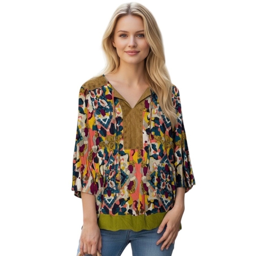 Tru Luxe Jeans Top Women Small Suede Yoke Abstract Print Shirt Studs Viscose